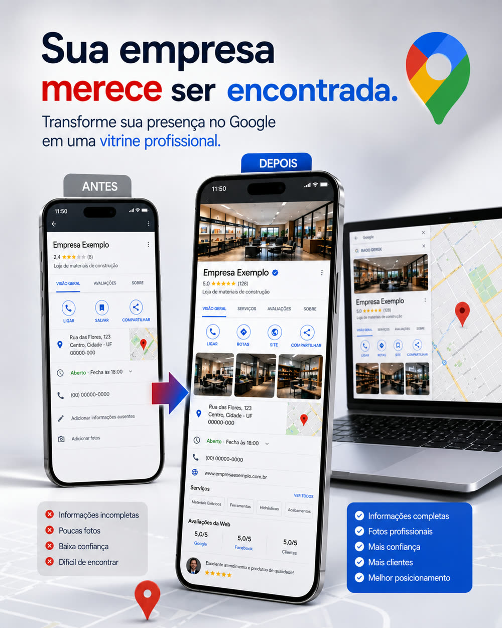 Perfil de empresa no Google antes e depois da otimização da DestaQ